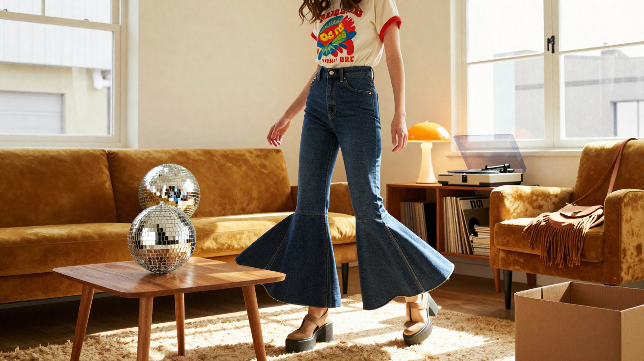 Pessoa em jeans flare azul e camisola branca com letras coloridas numa sala iluminada com sofá e mesa de madeira.