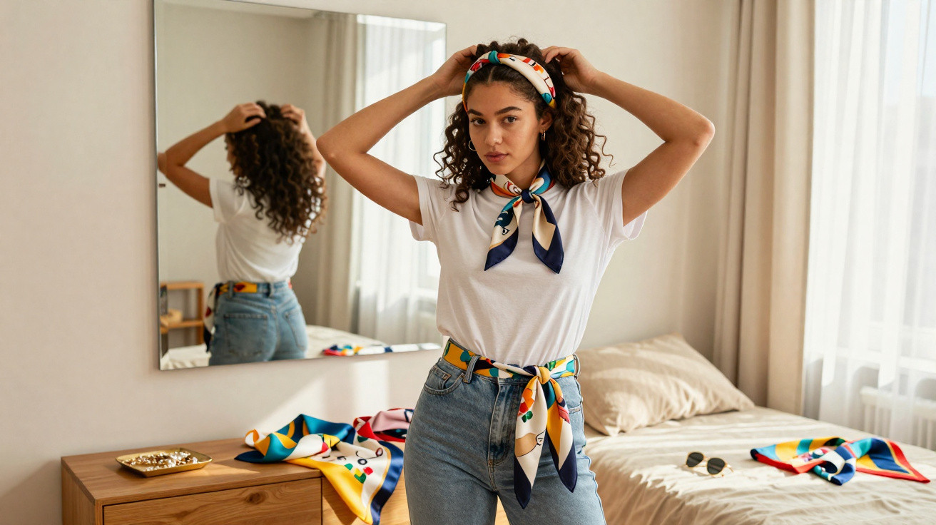 Mulher jovem com cabelo encaracolado penteando a cabeça, vestindo t-shirt branca, jeans e lenços coloridos numa divisão lumin