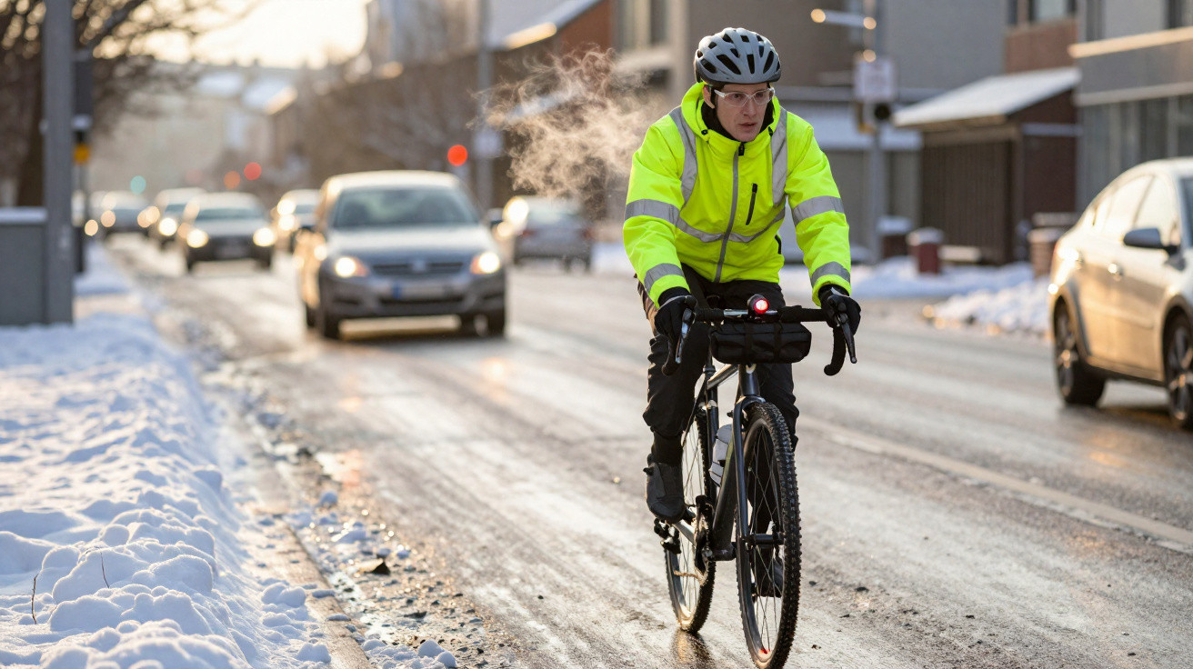 Homem de casaco amarelo fluorescente a andar de bicicleta numa rua com neve e carros ao fundo.