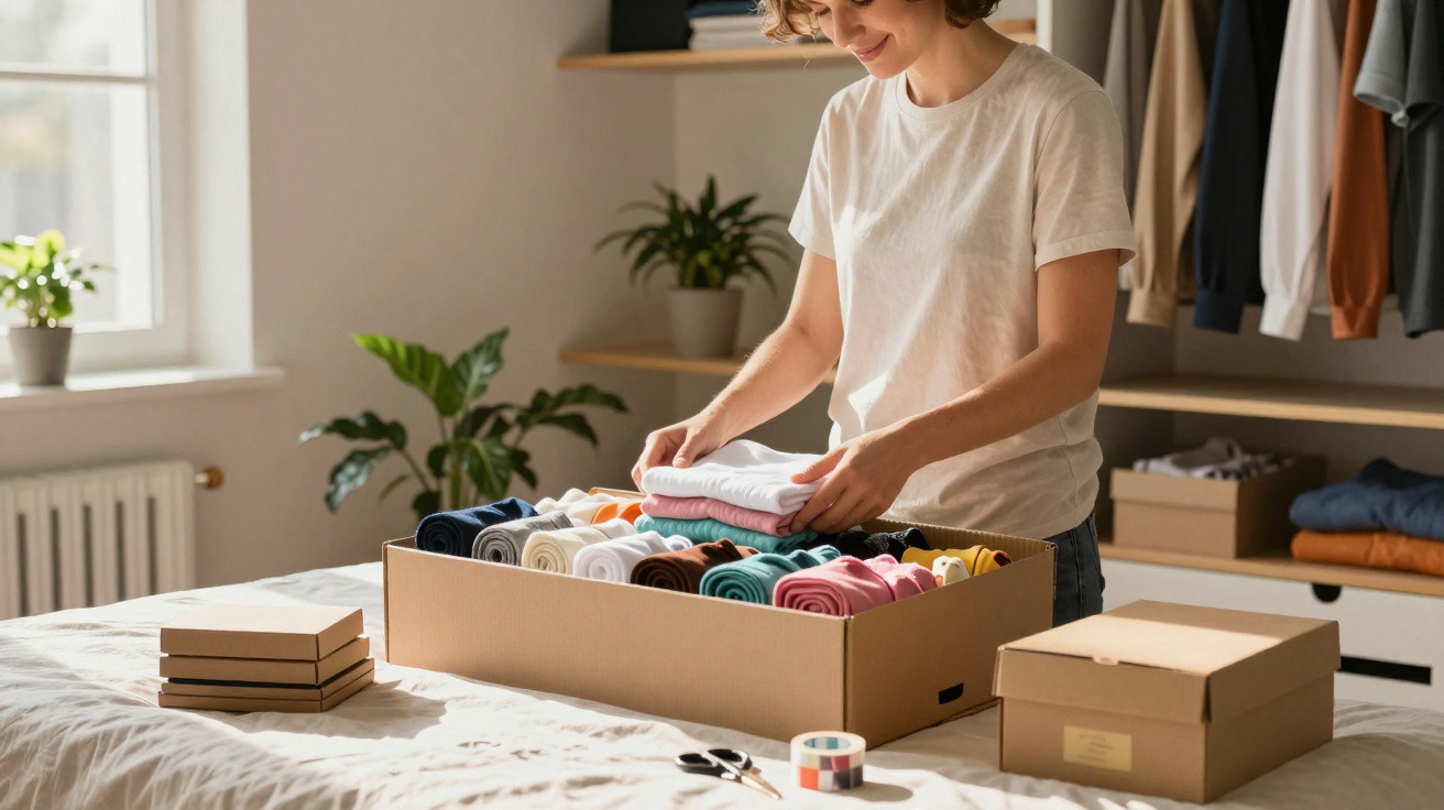 Pessoa a dobrar e organizar roupas coloridas numa caixa de cartão num quarto bem iluminado.