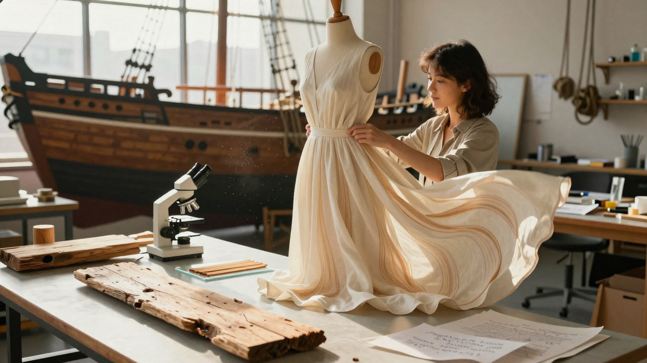 Mulher ajusta vestido elegante em manequim num estúdio com modelo de navio antigo ao fundo.