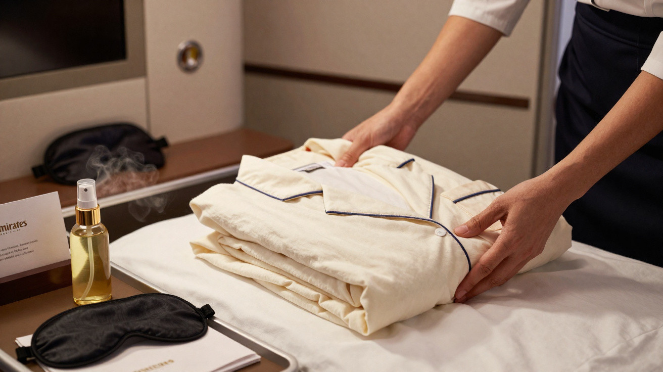 Pessoa a dobrar um pijama creme numa cama de hotel, com máscara de dormir e spray ao lado.