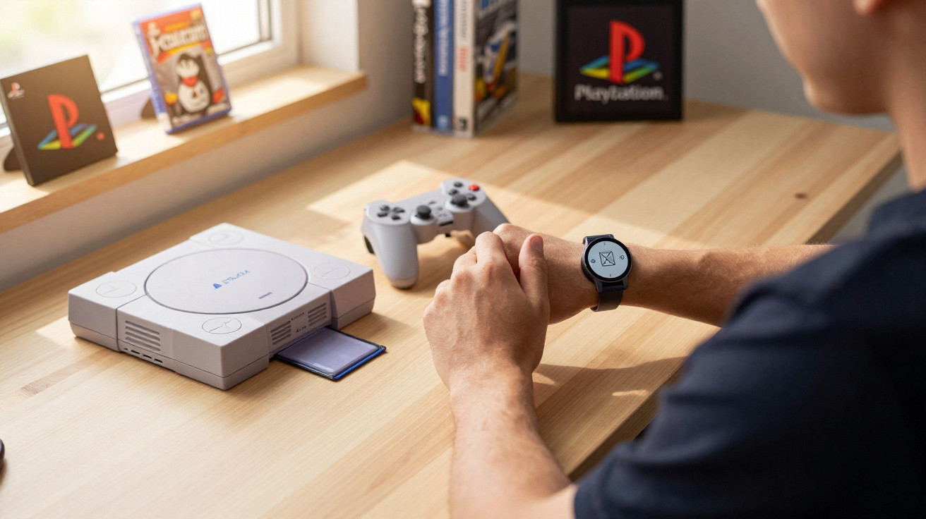 Consola PlayStation clássica com comando, jogos e pessoa a olhar para um relógio inteligente num ambiente iluminado.