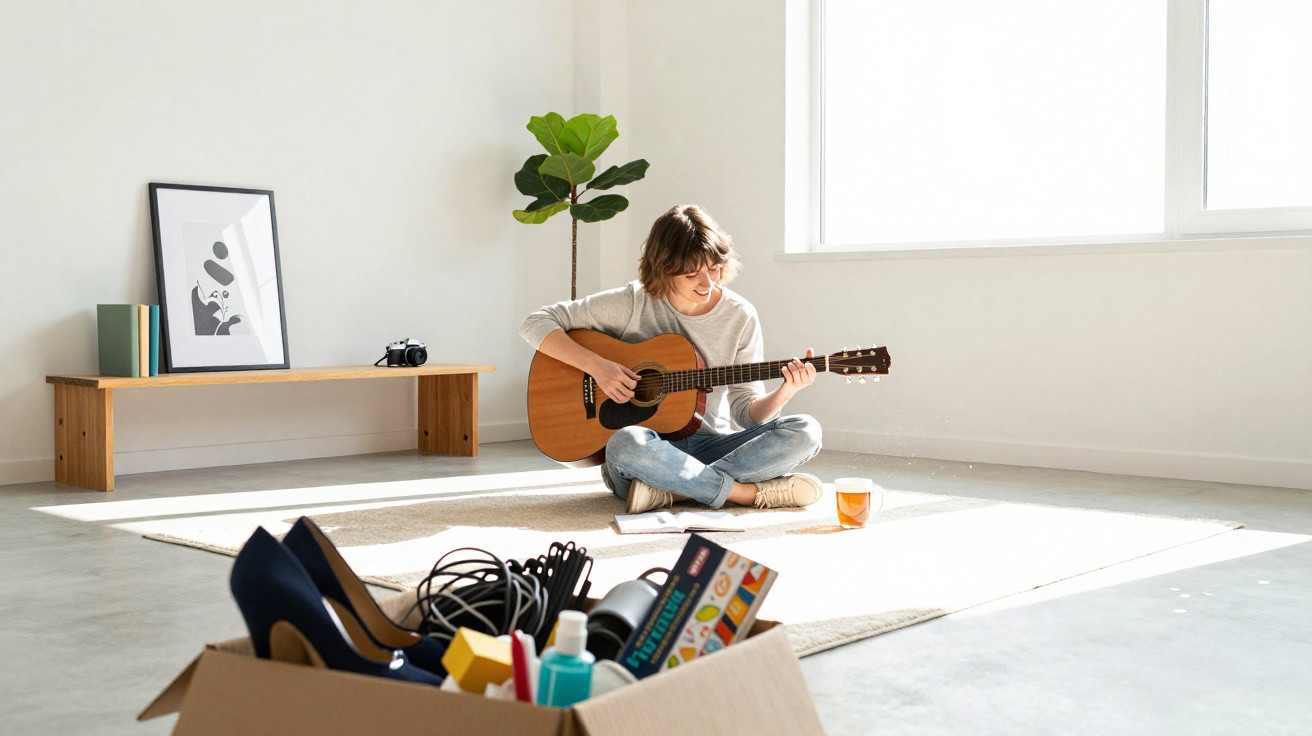 Criança sentada no chão a tocar guitarra num quarto luminoso com caixa de objetos e sapatos em primeiro plano.