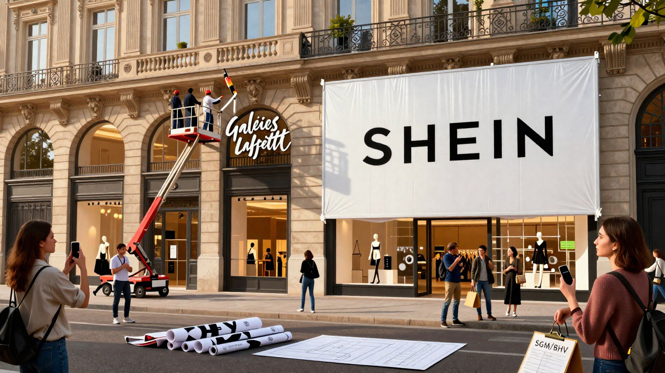 Entrada da loja SHEIN em Paris com pessoas a observar e trabalhadores a instalar letreiros.