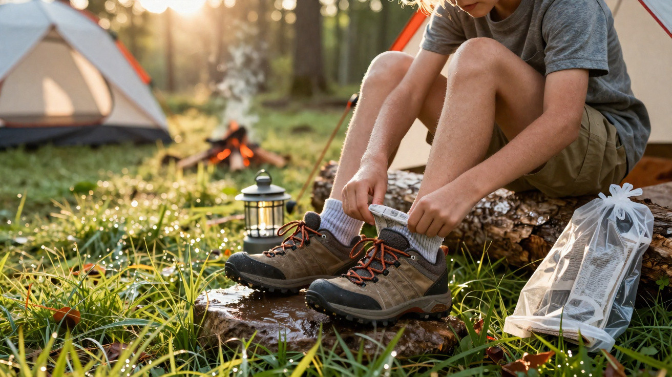 Criança sentada num tronco, a preparar botas de caminhada num acampamento ao ar livre ao amanhecer.
