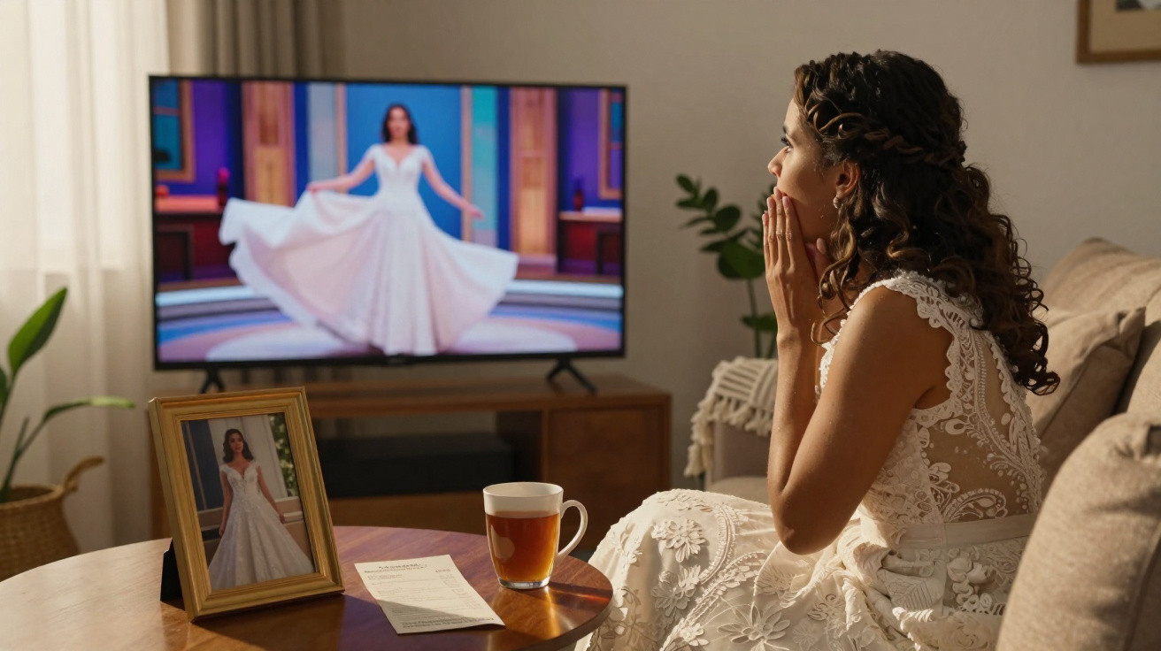 Mulher de vestido branco assiste emocionada a episódio de série sobre casamento na televisão.