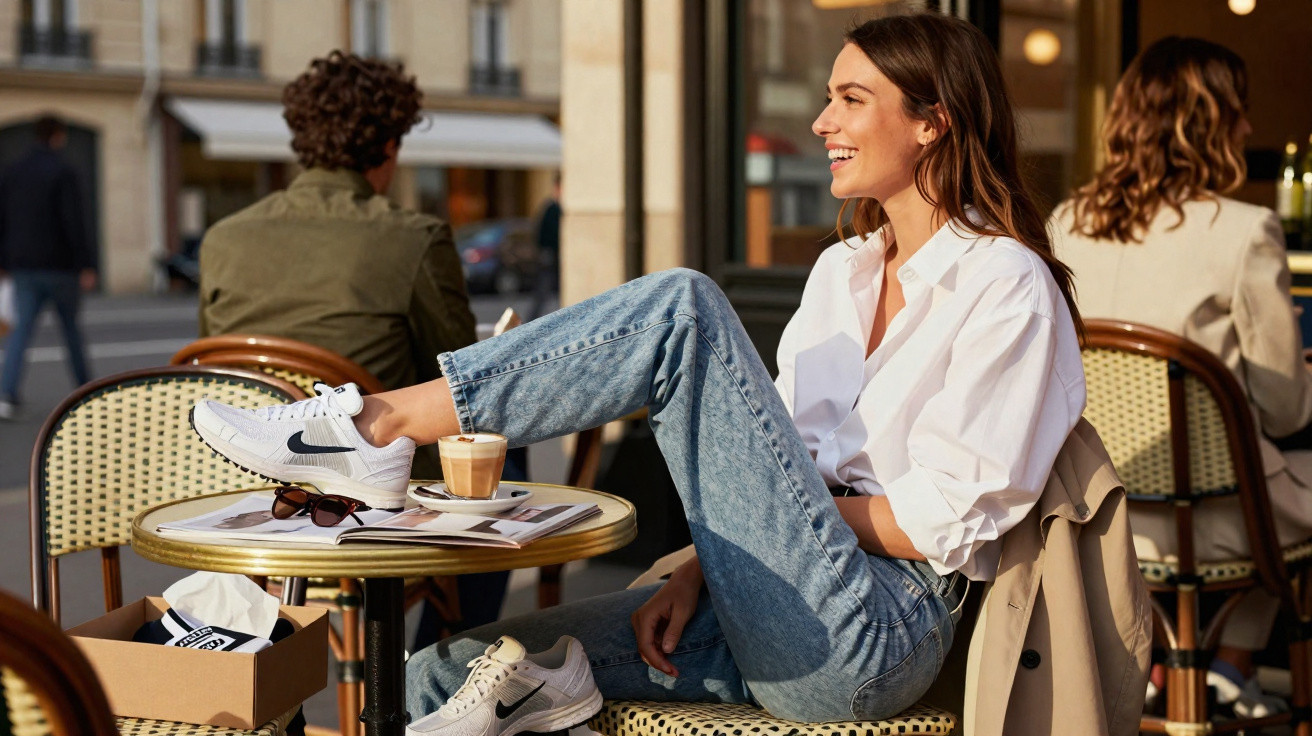 Mulher sorridente sentada num café com uma perna na mesa, usando camisa branca e jeans azuis.