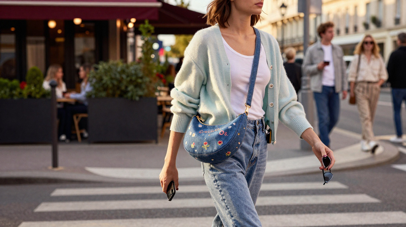Mulher com cardigan azul claro e jeans a atravessar passadeira numa rua da cidade, segurando telemóvel e óculos.