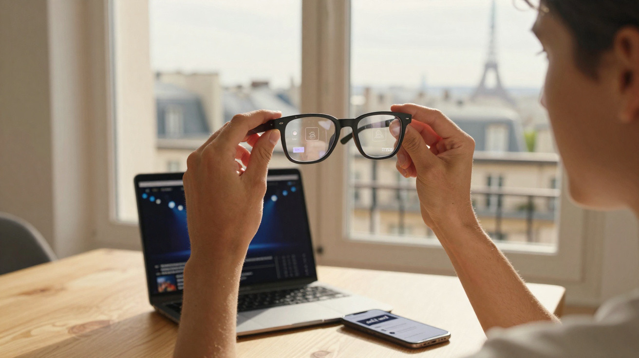 Pessoa segurando óculos à frente de computador portátil e smartphone numa mesa junto a janela com vista para Paris.
