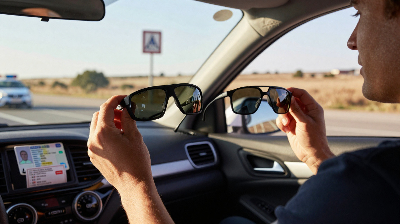 Homem ao volante compara óculos de sol dentro do carro, com viatura de polícia parada na estrada ao fundo.