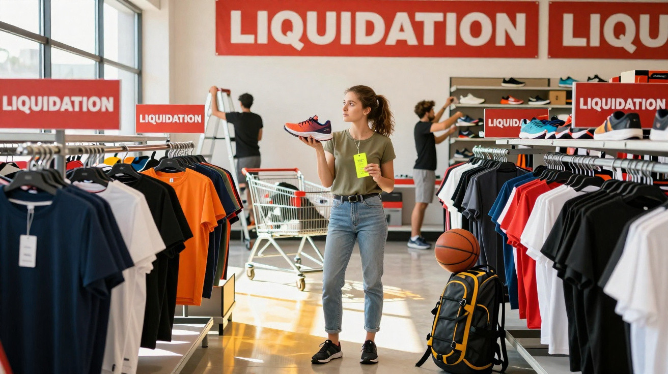 Loja de desporto em liquidação com mulher a segurar um ténis e etiquetas de preço visíveis.
