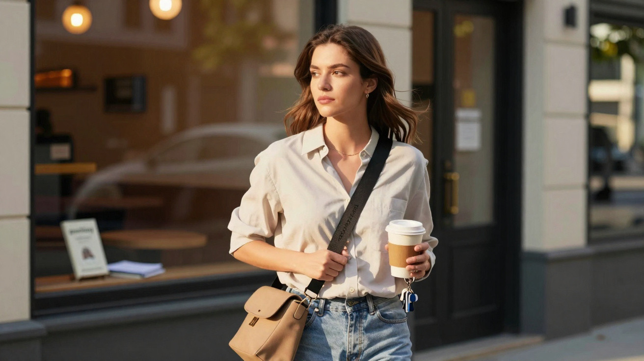 Mulher jovem com camisa branca e jeans, a segurar copo de café e bolsa castanha, a caminhar na rua urbana.