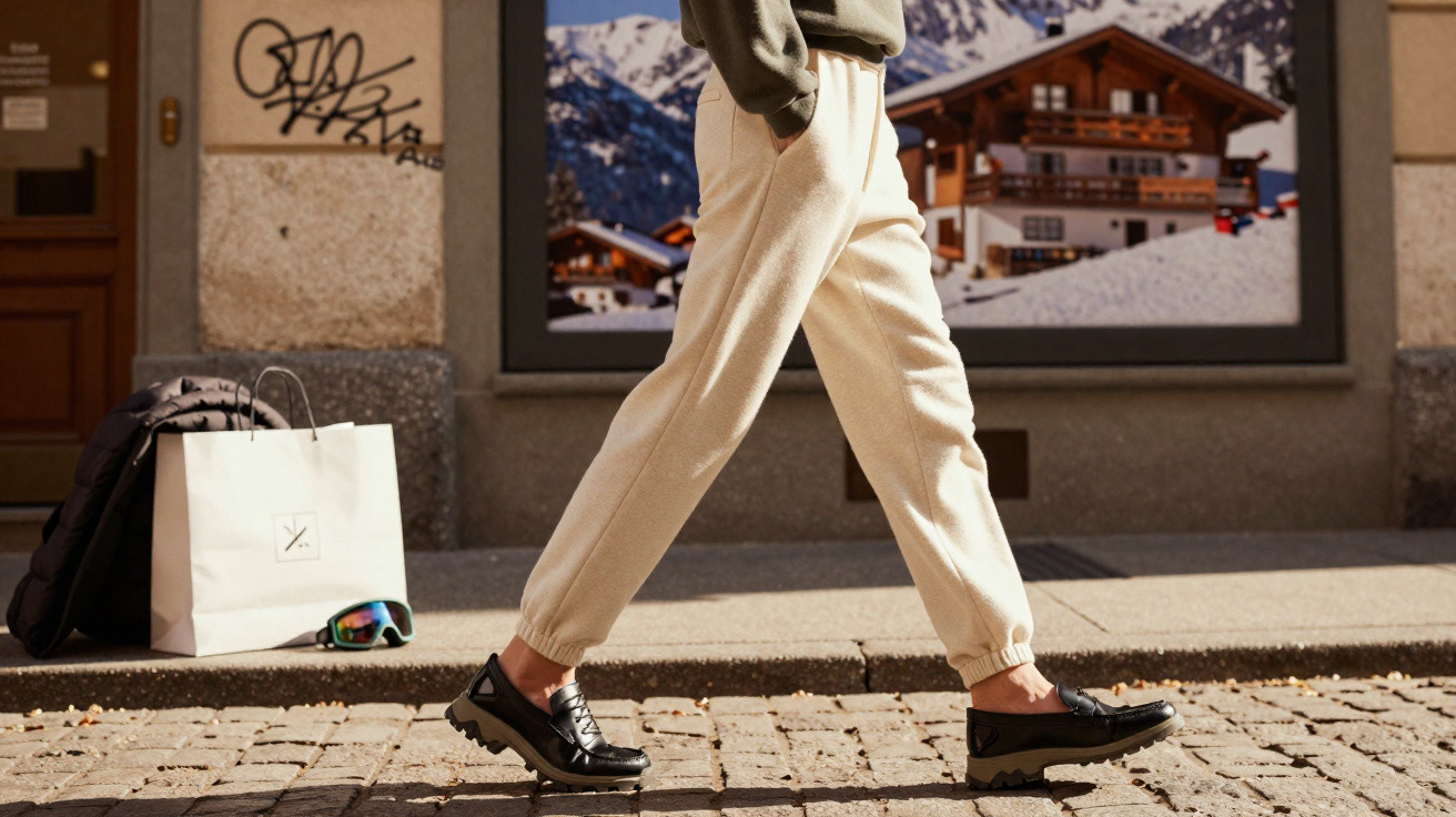 Pessoa a caminhar com calças creme e sapatos pretos em calçada de pedra, com sacos de compras ao fundo.