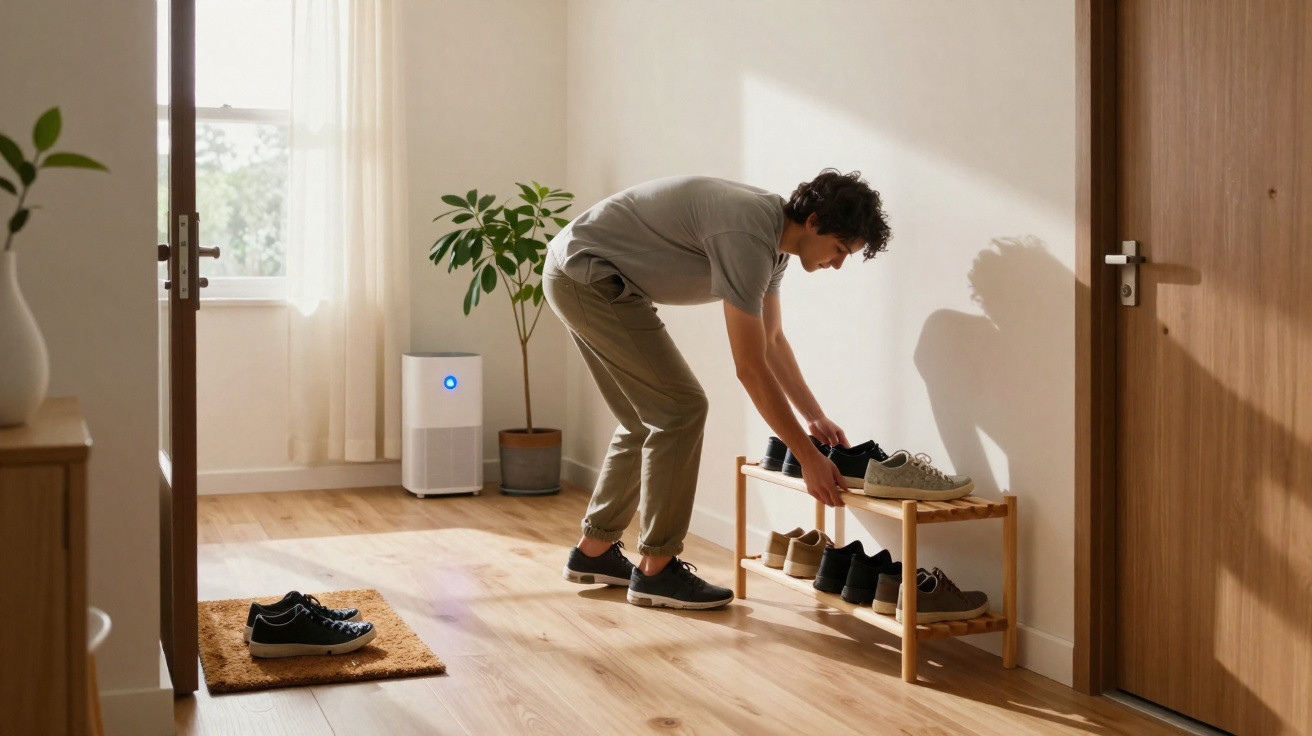 Homem a organizar sapatos numa sapateira numa entrada iluminada de casa com purificador de ar ao fundo.