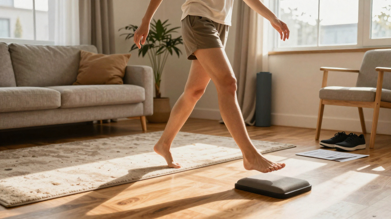 Pessoa descalça a fazer exercícios de equilíbrio numa sala iluminada com sofá e cadeira.