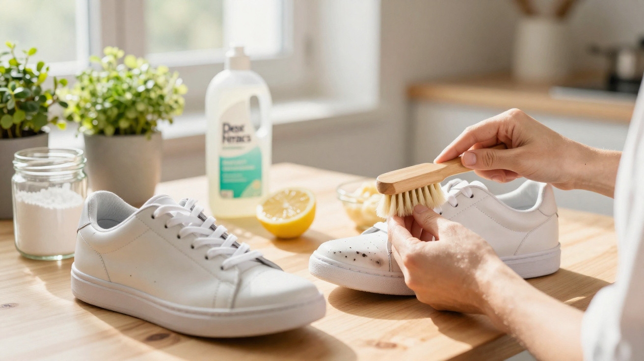 Pessoa a limpar sapatos brancos com escova, limão e produtos de limpeza numa mesa de madeira.