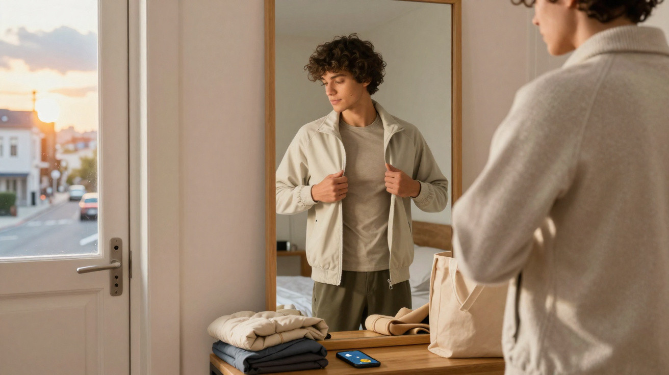 Jovem veste casaco bege, olhando para o espelho num quarto com mesa, roupas dobradas e telemóvel.