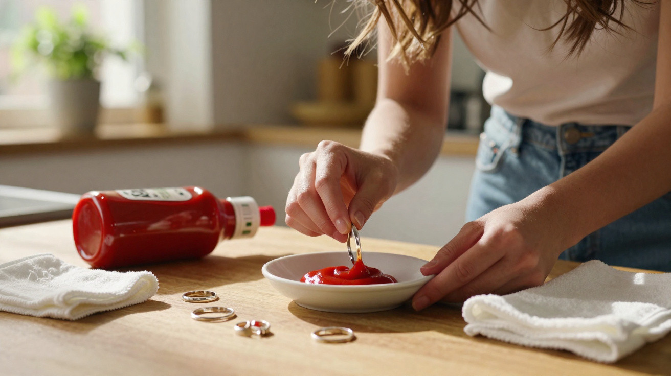 Pessoa a limpar anéis de várias normas numa taça com ketchup numa cozinha iluminada.