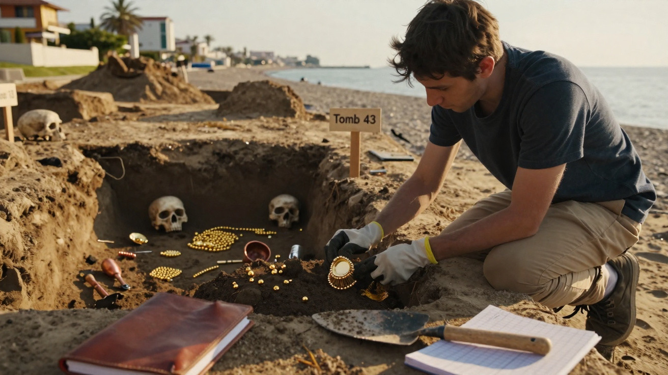 Arqueólogo escava túmulo antigo na praia, com crânios e artefactos dourados à sua volta.