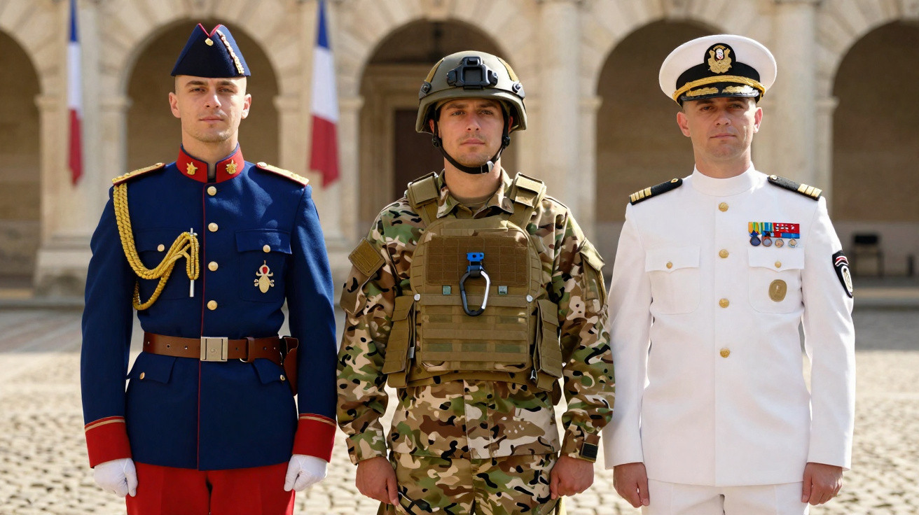 Três militares em uniforme distinto: um com farda azul e vermelha, outro em camuflado e capacete, e o terceiro de branco form
