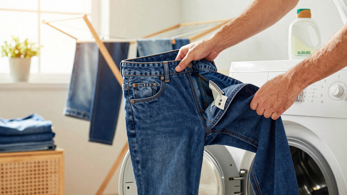 Pessoa a segurar uns jeans azuis junto a máquina de lavar roupa com roupas secas ao fundo.
