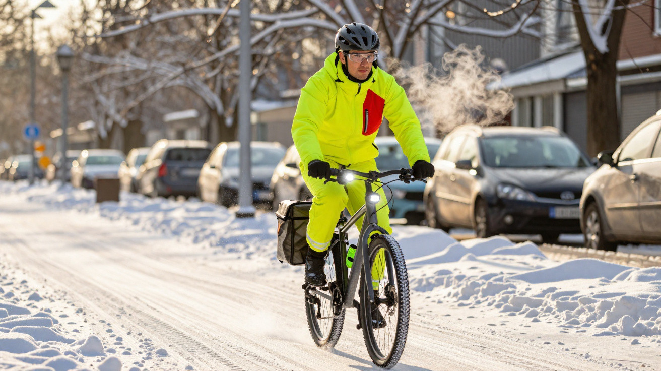 Homem de fato amarelo brilhante a andar de bicicleta numa rua coberta de neve em dia frio.