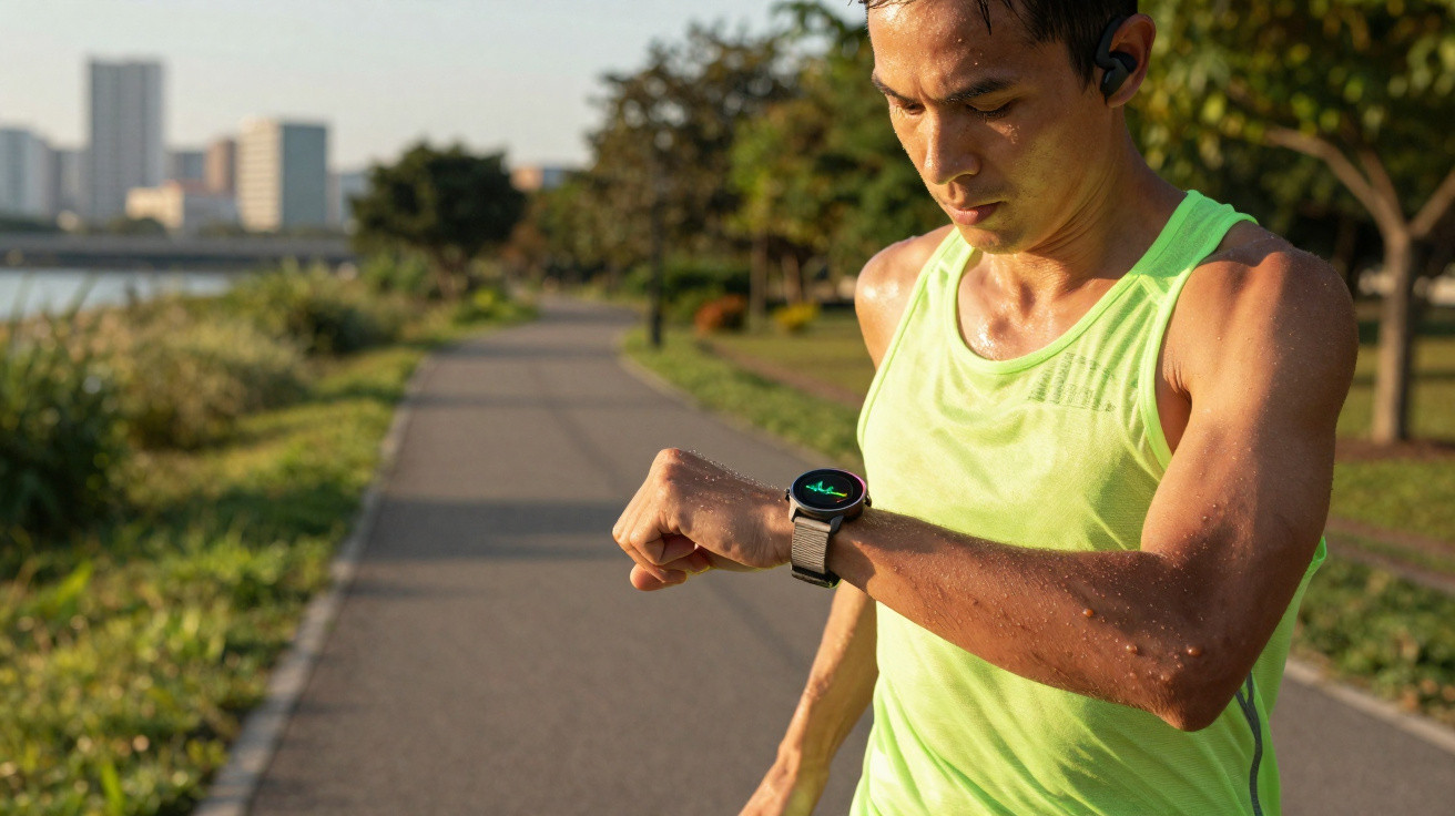 Homem a correr ao ar livre a consultar batimentos cardíacos em relógio inteligente num caminho urbano.
