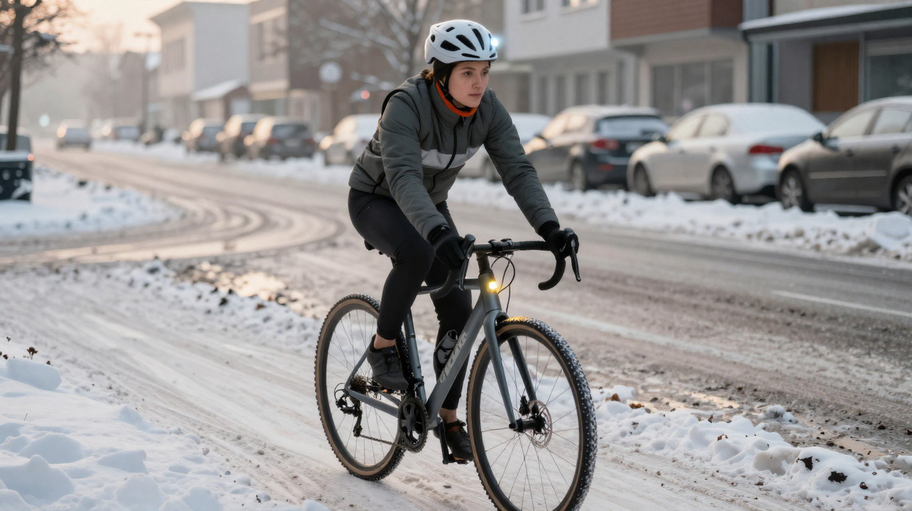Mulher de capacete a andar de bicicleta numa rua coberta de neve com carros estacionados ao lado.