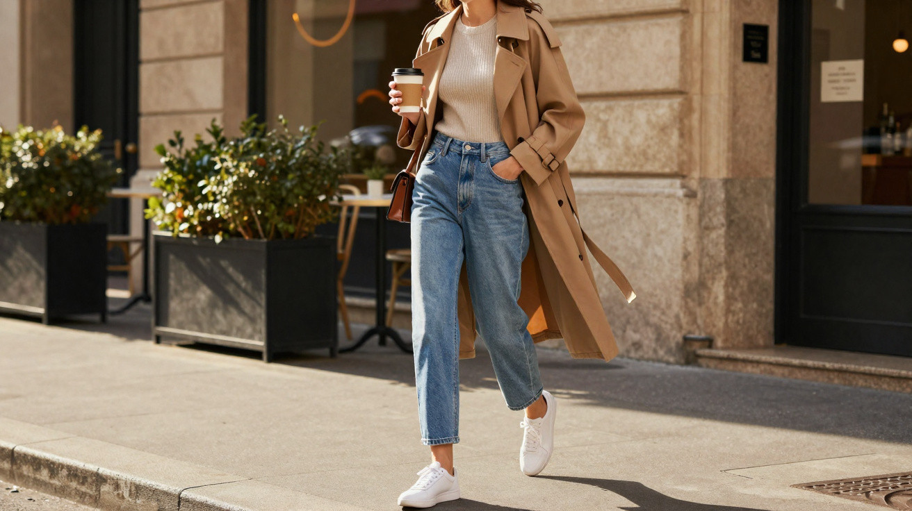 Mulher a caminhar na rua com casaco bege, jeans, camiseta clara e a segurar um copo de café.