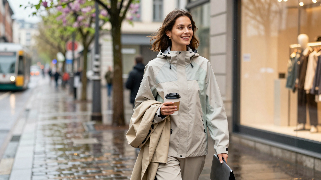 Mulher sorridente com casaco impermeável cinza claro, segurando café e casaco, a caminhar numa rua molhada.