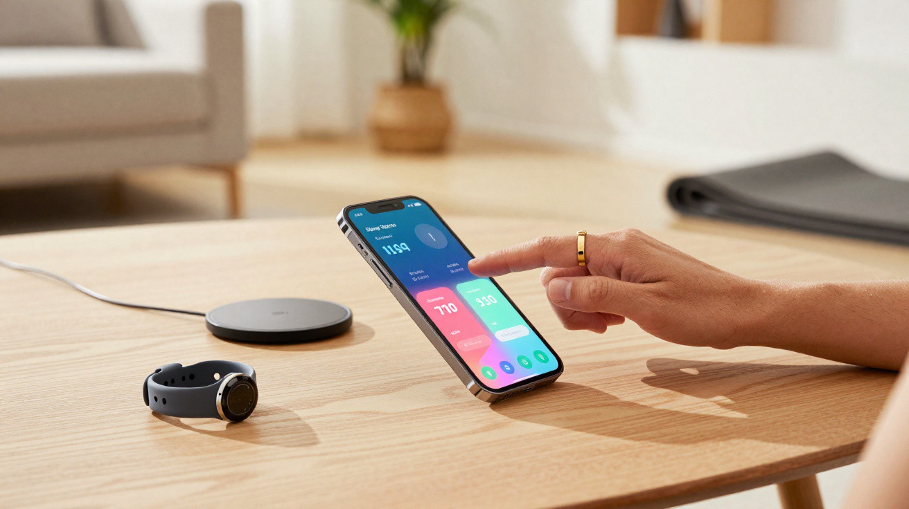 Pessoa a usar aplicativo de fitness num telemóvel, junto a relógio inteligente e base de carregamento numa mesa.