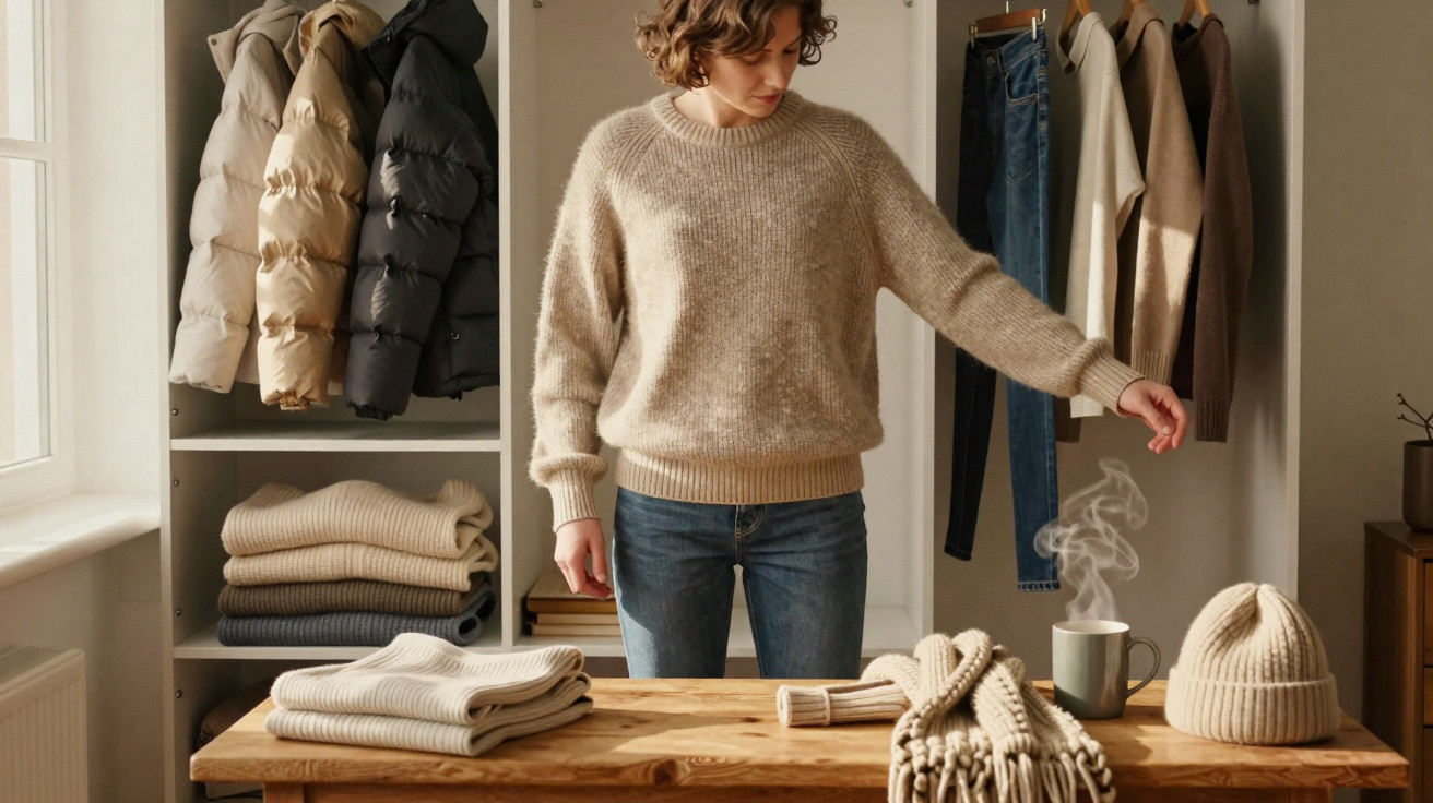 Pessoa num quarto com roupas de inverno dobradas e penduradas, perto de uma chávena com vapor.