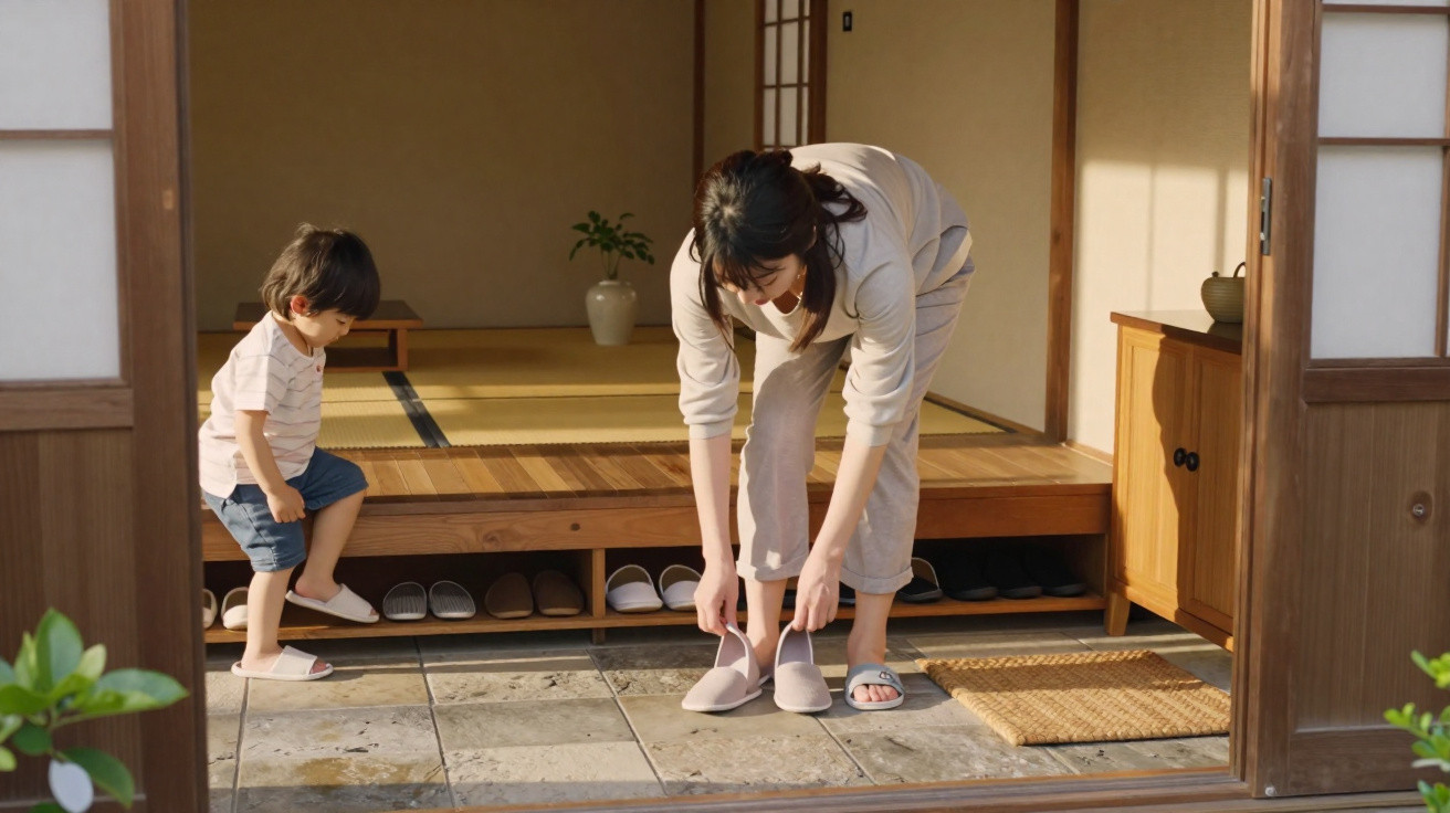 Mulher e criança num corredor tradicional japonês com paredes de papel, calçando chinelos.