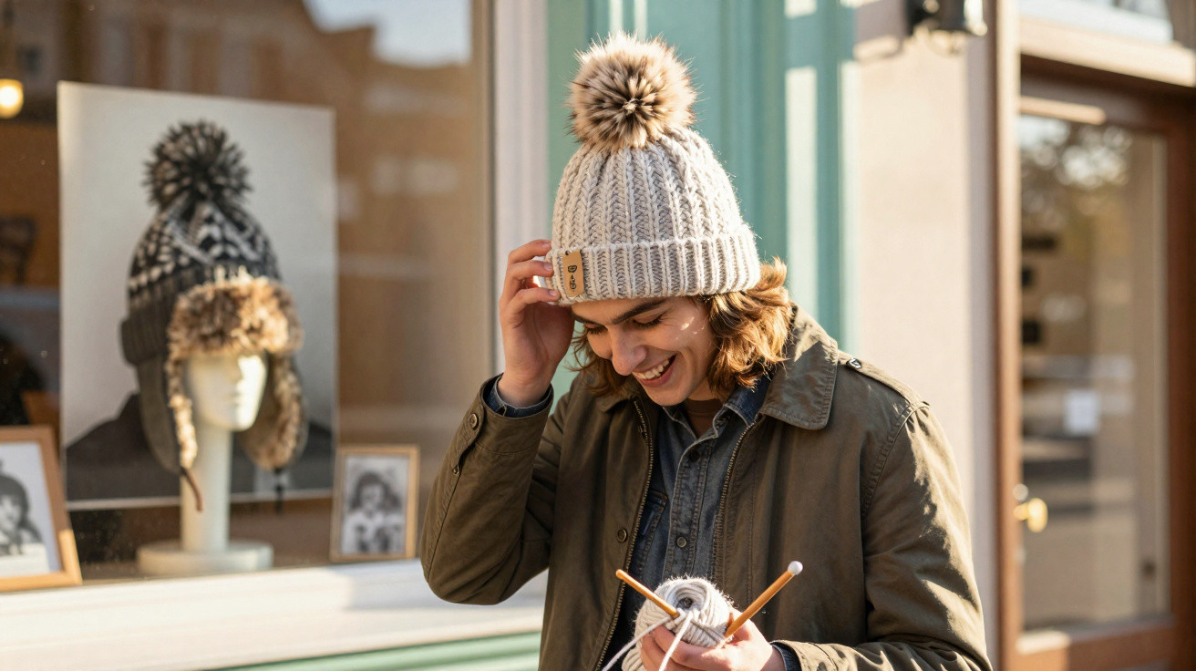 Jovem sorridente a tricotar ao ar livre com gorro de lã cinzento com pompom.