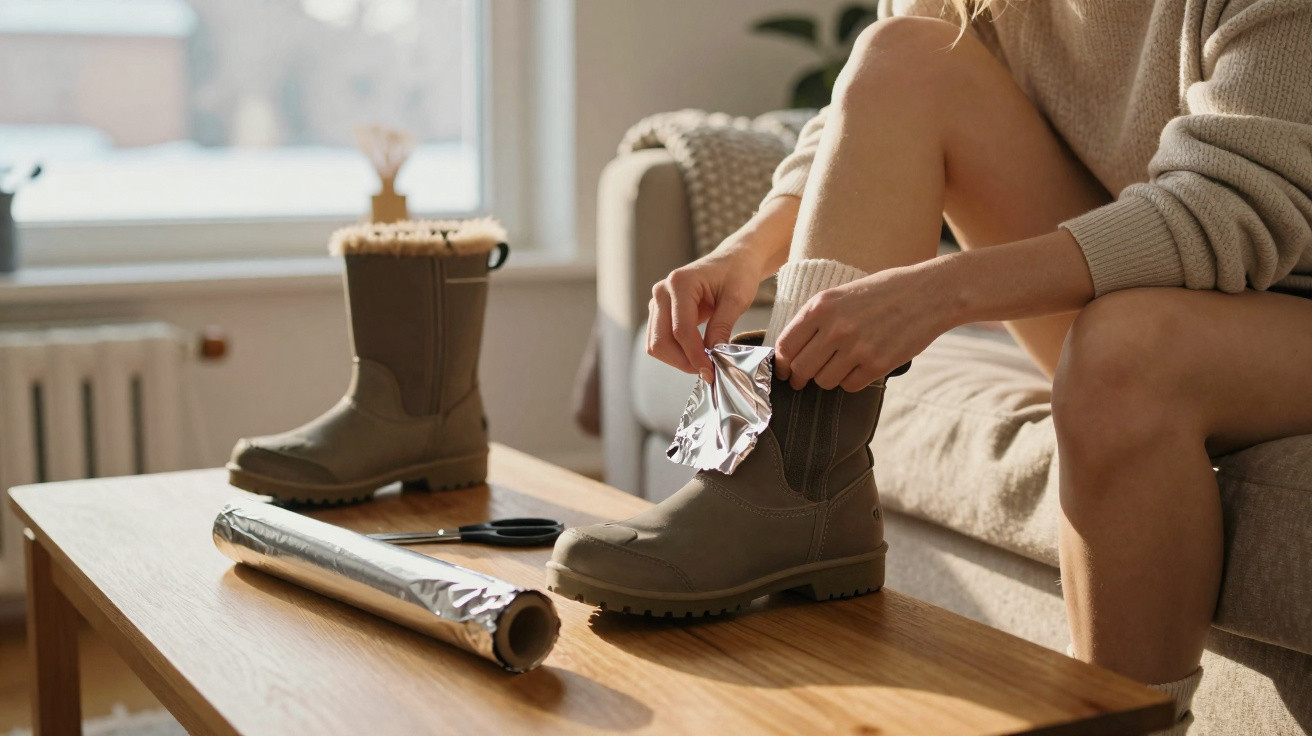 Pessoa sentada no sofá a forrar botas com papel alumínio numa mesa de madeira.
