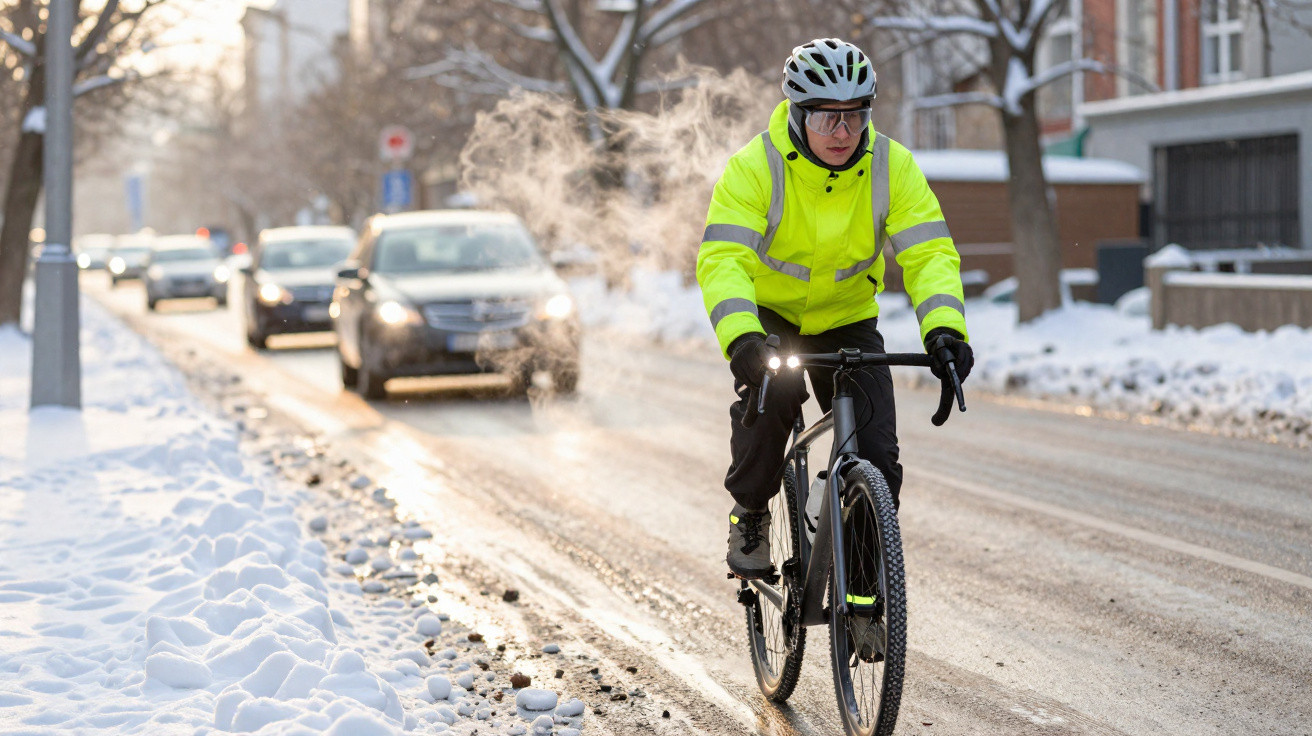 Ciclista com roupa amarela refletora a pedalar numa rua com neve e trânsito de carros ao fundo.