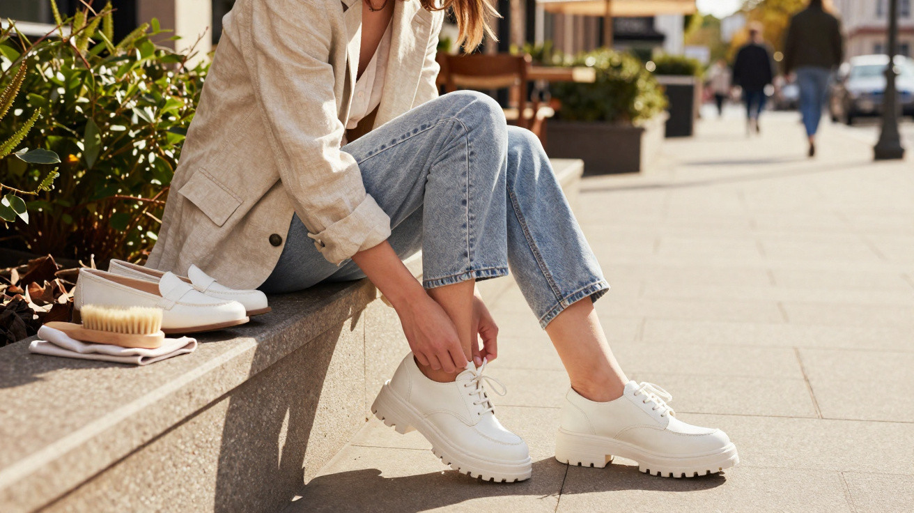 Pessoa sentada ao ar livre a calçar sapatos brancos com sola grossa, ao lado de outro par de sapatos e acessórios.