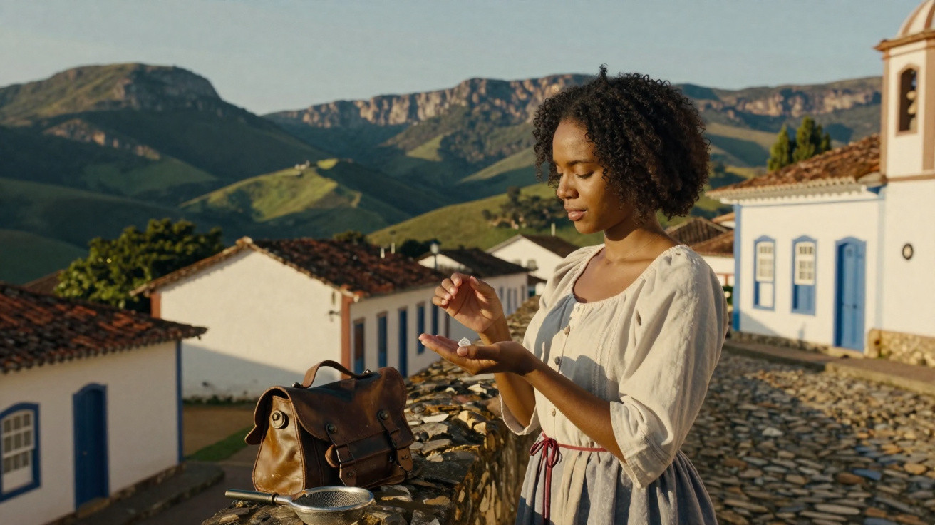 Mulher com vestido vintage aplica creme nas mãos em vila histórica com montanhas ao fundo ao pôr do sol.