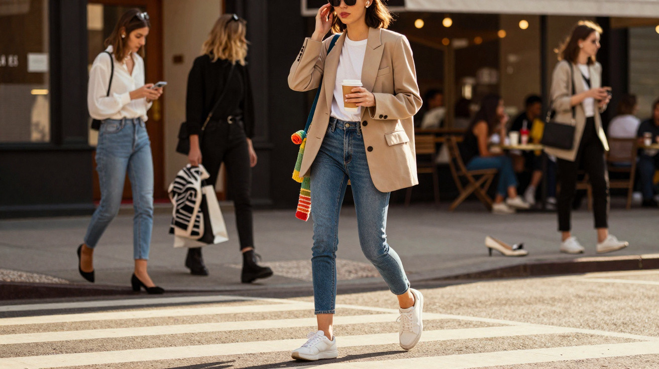 Mulher com blazer bege, jeans e óculos escuros a atravessar passadeira na cidade com café na mão.