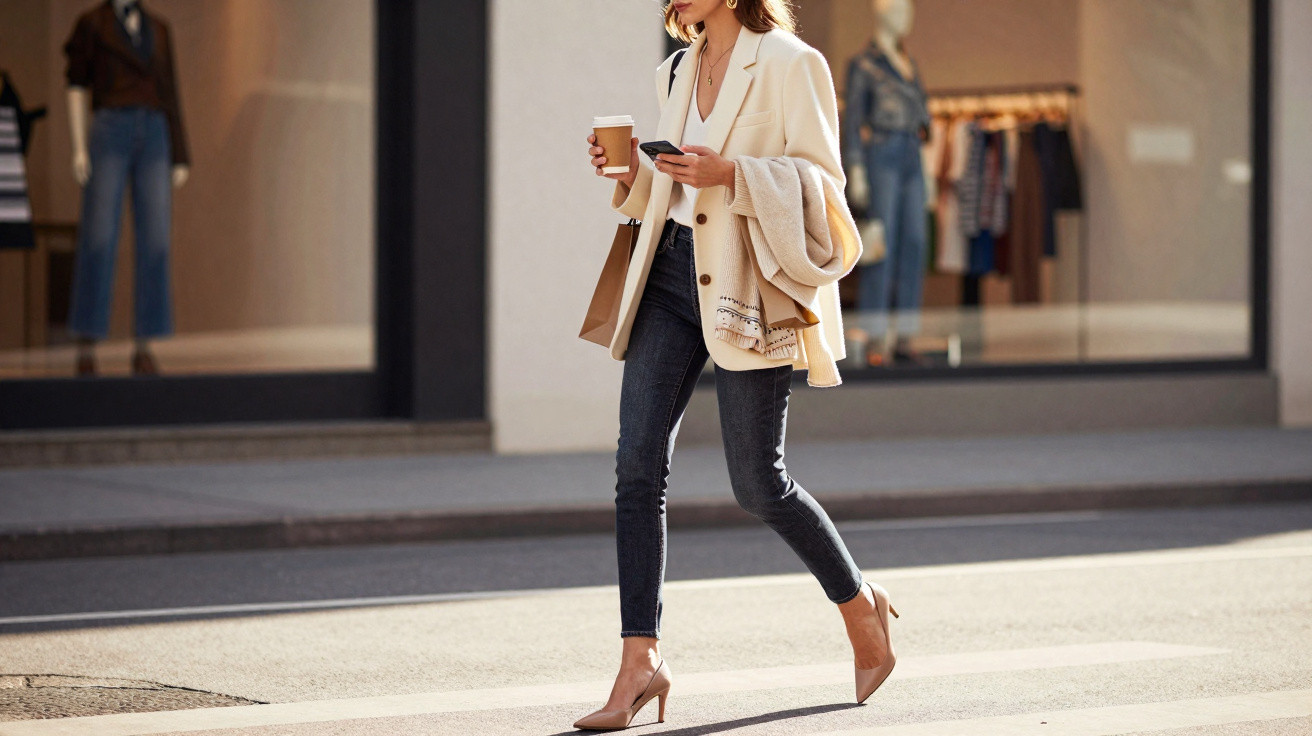 Mulher elegante a atravessar a rua com café e telemóvel, roupa casual e blazer bege, em ambiente urbano.