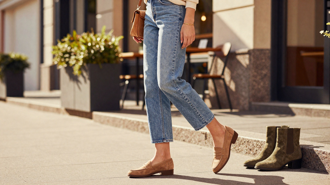 Pessoa de jeans azuis e sapatilhas castanhas a caminhar na calçada em ambiente urbano com botins castanhos ao lado.