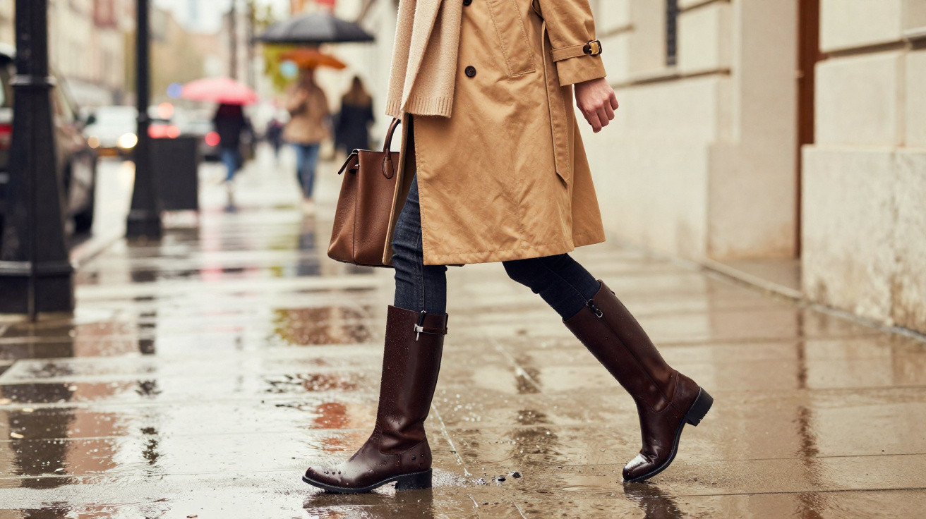 Pessoa a caminhar na rua molhada de chuva, usando botas castanhas e casaco bege comprido.