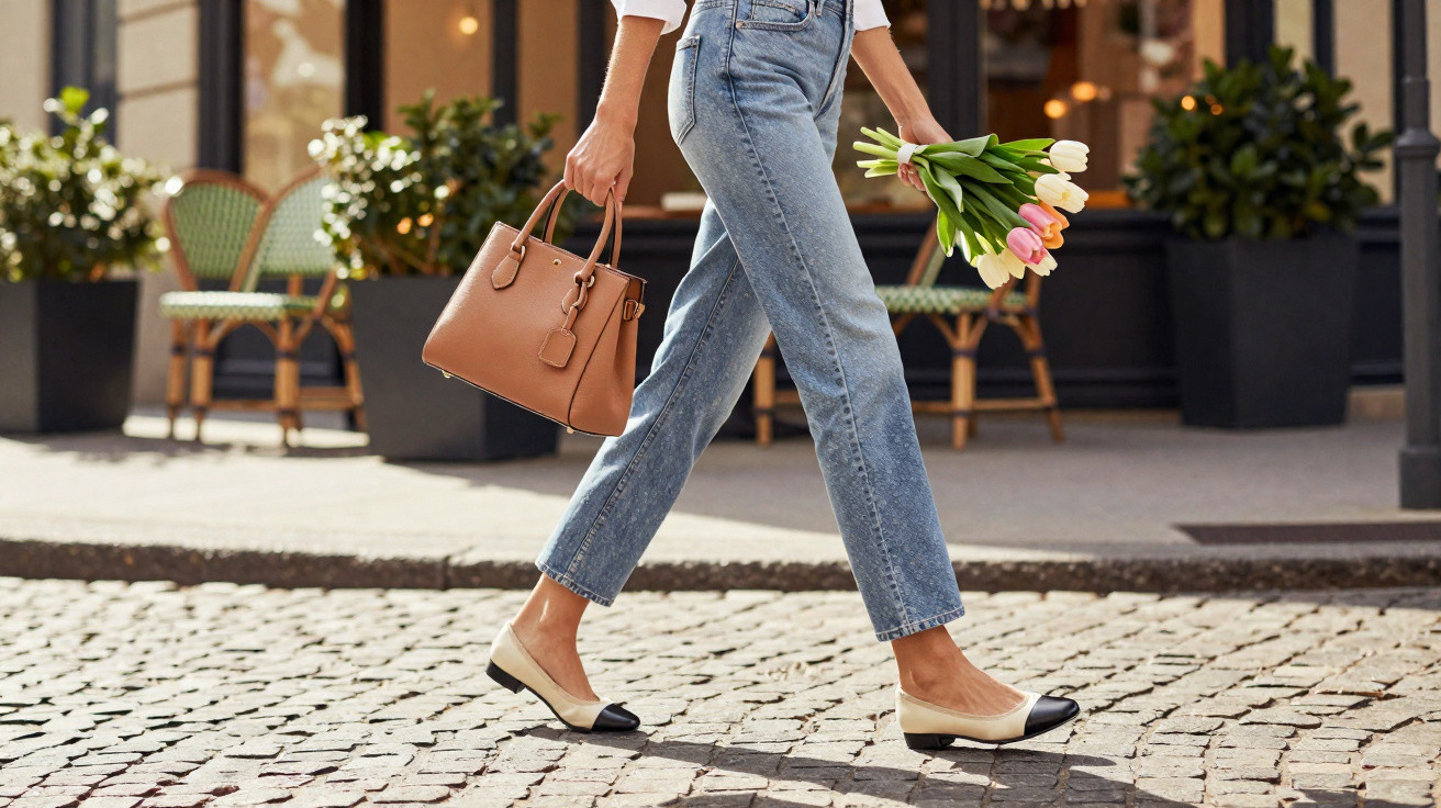 Pessoa a caminhar numa rua de pedra com jeans, sapatos bicolores, mala castanha e um ramo de flores.